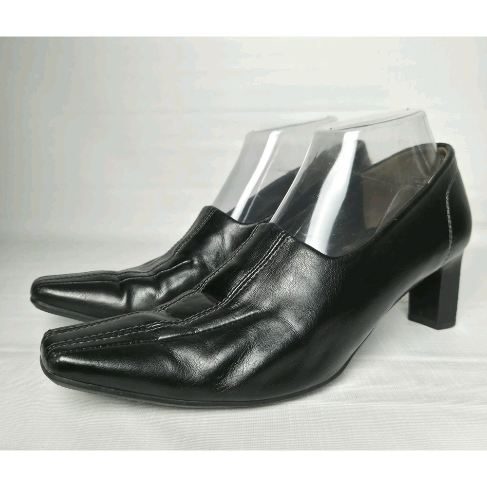 Vintage Paul Green Munchen Sz 8  Black Leather Block Heels Shoe Square Toe Box
